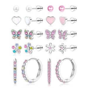 LOLIAS 10 Paires Boucles d'oreilles pour Fille Femmes Acier Inoxydable Creoles Argent Coeur Perle Fleur Papillon Boucle d'oreille Enfant Fille Hypoallerg&eacute;niques Bijoux Cadeau Anniversaire Filles (LoliasEU, neuf)