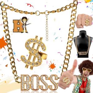 SoundZero 2 Pi&egrave;ces Kit de Costume Hip Hop, Accessoires de Bijoux de Rappeur, 80 Ann&eacute;es 90 Costume Hip Hop Ensemble, Comprend Collier Avec Signe Boss, Une Bague en Dollars, Carnaval, F&ecirc;te (Dor&eacute;) (Phoenix Dance Nine Days, neuf)