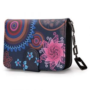 Portefeuille Femme Petit Format Mini Porte Monnaie avec Motif de Fleurs et de Fleurs de Style Mandala et Ethnique Porte Carte avec Fermeture éclair et Bouton Pressions (Caliyo, neuf)