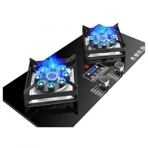 Cuisini&egrave;re &Agrave; Gaz De 75 Cm, Avec 2 Br&ucirc;leurs, Injection Directe Double Face Temporis&eacute;e &Agrave; Neuf Chambres, Support &Agrave; Casseroles En Fonte De Verre Tremp&eacute; Noir, Avec Protection Anti-extinction (Color : Blac (KCBXYB, neuf)