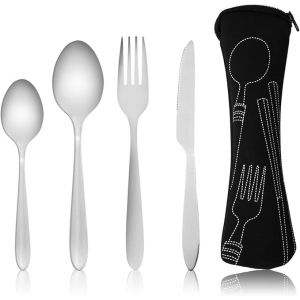 Ensemble de 4 couverts avec &eacute;tui portable, couverts en acier inoxydable, ensemble d'ustensiles de camping avec sac en n&eacute;opr&egrave;ne pour l'ext&eacute;rieur, voyage, pique-nique, bureau, &eacute;cole, bo&icirc;te &agrave; d&eacute;jeuner (huaixuanfushi, neuf)