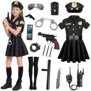 XM-mengpanwei Deguisement Policier Enfant Fille, Costume Policier Enfant avec Robe Noire,Chapeau,Ceinturer,Walkie Talkie,Menotte,Matraque de Police pour Carnaval Halloween Policiere Cosplay (XM-mengpanwei, neuf)