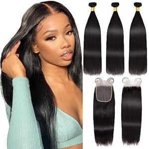 Tissage Bresilien avec Closure Cheveux Humains Raides 16 18 20+14 Pouce Straight Human Hair Bundles 100% Tissage Naturel Cheveux Humain Tissage Bresilienne Raides Tissage Cheveux Naturels (PF hair products, neuf)