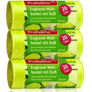 Profissimo Lot de 3 sacs poubelle avec cordon de serrage - Parfum frais d'agrumes - 20 litres - 75 sacs (3 x 25 pièces) - Idéal pour la maison, le bureau et la salle de bain (SMS Versand  -  Mwst Rechnung per email, neuf)