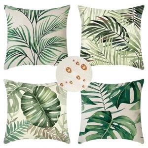 Extérieur Housses de Coussin 65x65 cm Lot de 4 Housse Coussin Vert Housse Coussin Canapé Feuille Coussin Extérieur Imperméable Lin Coussin Canapé Carré Decoratif pour Chambre Canapé Chaise Lit Jardin (Z-Ling, neuf)