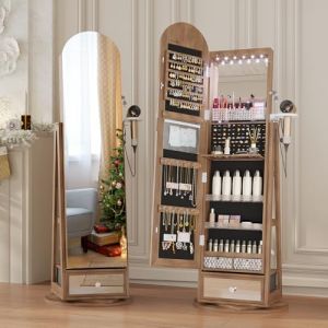 LVSOMT LED Armoire &agrave; bijoux avec Miroir Arqu&eacute;, Rotative &agrave; 360 Armoire Bijoux Miroirs avec &eacute;clairage, Grande Arc Miroirs sur pied avec Rangement de bijoux, Miroir Bijoux Bois Verrouillable, Bois Marron (lvsomt, neuf)