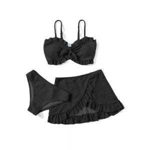 Maillot de Bain 3 pi&egrave;ces pour Fille avec Jupe torsad&eacute;e sur Le Devant, Haut de Bikini, Slip de Bain de Couleur Unie et Jupe Cache-Maillot de Bain pour la Plage et la Piscine, Noir Bikini 7-8 Ans (Arshiner Store, neuf)
