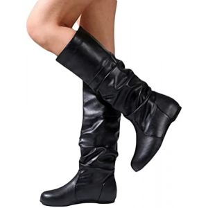 ORANDESIGNE Bottes de Cowboy Femme Bottes de Chevalier Botte de Neige Plates Chic Botte Montantes Bottine Femmes Automne Cowboy Western Boots Mi-Mollet pour Automne Hiver A Noir 43 EU (ORANNER EU, neuf)