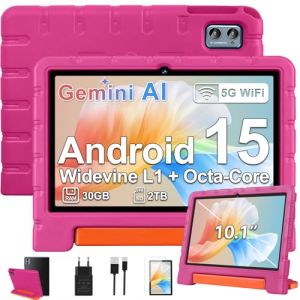 ZIOVO Tablette 10 Pouces Android 15, 30Go RAM+64Go ROM (TF 2To), 5G WiFi Tablettes, Gemini AI, Octa-Core/Widevine L1/Face ID/Contr&ocirc;le Parental/6000 mAh/BT 5.0, Tablette avec &eacute;tui Eva -Rose (G SERVICE 2025 EOOD, neuf)