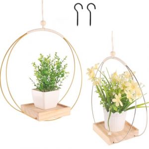 Mailfull 2 Pièces Pot Suspendu Plante Interieur Métal Or Suspension Plante avec Base en Bois Crochet de Inclus pour Plantes de Petite à Moyenne Taille (xiantaomaierfu, neuf)