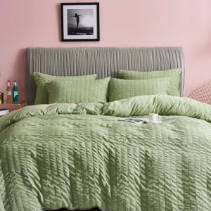 Freyamy Seersucker Housse de Couette 200x200cm+2 Taie d'oreiller 65x65cm Gaufr&eacute; Ray&eacute; Structur&eacute; Vert Parure de lit 2 Personnes Adulte Sets de Housse Couette en 100% Microfibre avec Fermeture &Eacute;clair (Mitchell'SZ, neuf)