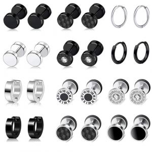BVLAGIDA 12 Paires Boucle d'Oreille Homme, Acier Inoxydable Boucles d'Oreilles, Noir Argent Clous d'Oreilles, Boucle d'Oreille Cr&eacute;ole, Boucles d'Oreilles Faux Plug pour Homme Femme (MULIU official, neuf)