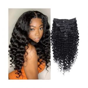 Extensions de cheveux humains &agrave; clips Deep Wave, 25,4 &agrave; 66 cm, boucl&eacute;es, invisibles, sans couture, Remy Hair, 8 pi&egrave;ces, 120 g, noir naturel Wear and Go(20inches) (YANGJIANJUNUK, neuf)