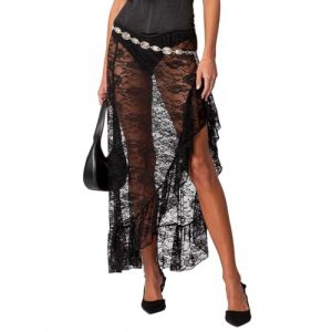Caziffer Jupe Femme Irr&eacute;guili&egrave;re en Dentelle Jupe Longue Transparante Jupe Sexy Fendue pour Femme &Eacute;t&eacute; (Noir, M) (baixia, neuf)