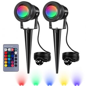 kefflum 2 Pack Spot Ext&eacute;rieur &agrave; Piquer RGB, 10W LED Spot Jardin Etanche IP65 avec T&eacute;l&eacute;commande, 16 Couleurs & 4 Modes, &Eacute;clairage Ext&eacute;rieur pour Terrasse Jardin, 1.5m Cable (Kefflum, neuf)