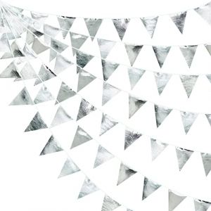 32Ft Argenté Guirlande Fanion Bannière Décoration de fête Brillant Tissu métallique Drapeau guinguette exterieu Banderole pour Anniversaire Bapteme Fiançailles Mariage Douche Nuptiale EVJF Noël décor (MZY Co., Ltd, neuf)