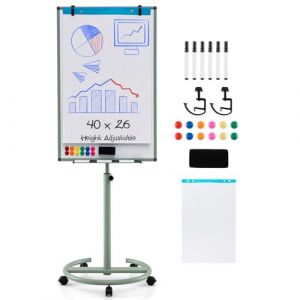 COSTWAY Tableau Blanc Effacable sur Pied, 100 x 65 cm, Tableau Blanc sur Pieds Hauteur Réglable 132-192 cm, Support Sur Roulettes, Cadre en Alu, Paper Board, pour École, Bureau (100x65cm,Vert) (FDS GmbH, neuf)