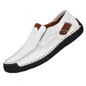 Baskets larges pour homme - Mocassins confortables - En cuir - Chaussures de sport larges - Mocassins légers et à enfiler - Chaussures plates et respirantes - Chaussures décontractées, Blanc., 39 EU (Cheyao, neuf)