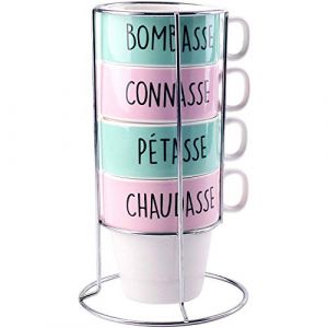 Les Vilaines Filles 38-VF-027 Tasses &agrave; Caf&eacute; Empilables et Support Tour Bombasse Connasse P&eacute;tasse Chaudasse Set de 4 Assorties Bleu Rose D12 x H21 cm (Un Dimanche &agrave; la Campagne, neuf)