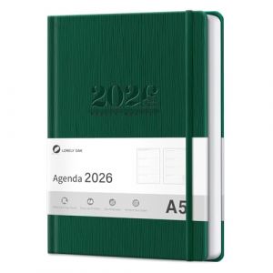 Agenda 2026 Journalier et Semainier, Carnet de Plan Reli&eacute; avec Couverture en Simili-cuir Format A5 Sur 12 Mois (Janvier 2026 - D&eacute;cembre 2026), Avec Ruban Signet et Lacet &Eacute;lastique - Vert (LONELY OAK, neuf)