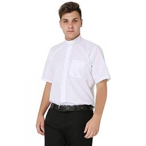 IvyRobes Hommes Chemise Pr&ecirc;tre Col Romain Pretre Clergyman Chemises Manches Courtes Clerg&eacute; Blanc 41-42 EU (16.5) (LUYA Euro, neuf)