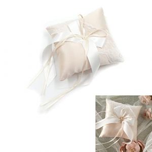 Coussin Ivoire Pour Bagues Mariage - Coussin L'Anneau De Mariage Avec D&eacute;Coration Pour Bague De Fian&ccedil;Ailles Mari&eacute;E Oreiller Porteur De Bagues Avec Ruban Satin Perles Mariage Fournitures, 15 X 15 Cm (minzhenamz, neuf)
