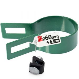 Collier de serrage poteau 60 mm, épaisseur 2mm, couleur vert, collier de serrage métallique pour clôture rigide, accessoire fixation poteau, grillage rigide, panneau, entretoise (LUN FIX, neuf)