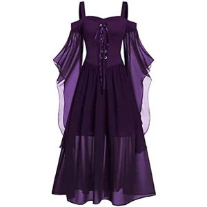 Robes de d'Halloween pour femme Robes médiévales femme Gothique Maille Robes longues Épaules dénudées Robes longues à lacets Manches papillon Robes de cosplay Renaissance Robes de fête d'Halloween (yishengy, neuf)