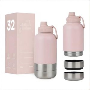 Gourde isotherme 3 en 1 pour chien - 950 ml - Pour les d&eacute;placements - En acier inoxydable - Avec gamelle et bol d'eau - Pour les voyages et l'ext&eacute;rieur - Rose - Taille L (CARS TRUCKS ONLINE, neuf)