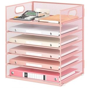 VITVITI 6 Niveaux Organisateur de Bureau Maille M&eacute;tallique, Rangement de Papier avec Poign&eacute;e, Banette de Rangement Bureau Corbeille a Courrier Range Document Bureau, Rose (VITVITI-EU, neuf)