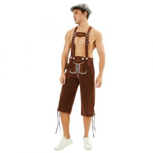 Feynman Lederhosen Bavarois pour Homme - Shorts Traditionnels Allemands pour Oktoberfest en Similicuir Brod&eacute; (Noir/Marron) avec Bretelles - Costume pour F&ecirc;te de la Bi&egrave;re et Carnaval (Feynman-EU, neuf)