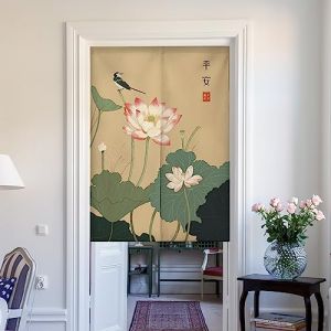Noren Style Chinoise Rideau de Porte Style Japonais Fen&ecirc;tre Rideaux Panneau Tenture Tapisserie Traditionnel Imprim&eacute; Coton Lin D&eacute;coration de Porte Tapisserie D&eacute;coration feuille de lotus 75 x 90 cm (Guest Ruyunlai, neuf)