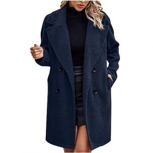 Susenstone Manteau Femme Hiver chaud Chic Manteau Chaud Mi-Long Vintage Chaud Manches Longues en Laine Cardigan Automne Hiver Femme Manteaux en Laine Mélangée à Double Boutonnage Blouson (⭐⭐⭐⭐⭐Susenstone, neuf)