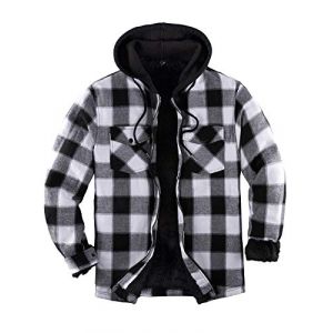 Veste chemise &agrave; capuche en flanelle &agrave; carreaux doubl&eacute;e Sherpa avec fermeture &eacute;clair int&eacute;grale pour homme, Noir/gris, L (ZENTHACE, neuf)