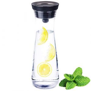 AMAYGA Carafe en Verre,1200 ML Pichet à Eau en Verre Couvercle en Silicone,pour Boisson Maison/thé glacé/Lait/café/vin de Service, Transparent, Noir (SuperAN, neuf)