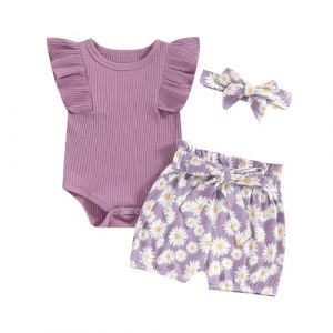 Carolilly Tenue Bébé Fille Eté de 3 Pièces, Body sans Manches à Volant + Shorts avec Noeud Papillon, Violet Margueritte, 12-18 Mois (La Vie Brillante, neuf)