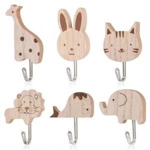 VYNZOR Lot de 6 Pat&egrave;res Enfant Autocollantes en Bois, Porte Manteau Mural Adh&eacute;sif avec Animaux Mignons (&Eacute;l&eacute;phant, Baleine, Chat, Lion, Lapin, Girafe) pour Chambre d'Enfants, Salle de Bain, Cuisine (Shophaomall Store, neuf)