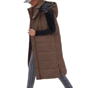 Tuopuda Doudoune sans Manche Femme, Veste Longue sans Manche Manteau sans Manche Automne Hiver Chaud Gilet sans Manche &agrave; Capuche Zipp&eacute;e Hooded Coat Matelass&eacute; L&eacute;g&egrave;re Waistcoat, Caf&eacute;, M (GHF-Direct, neuf)