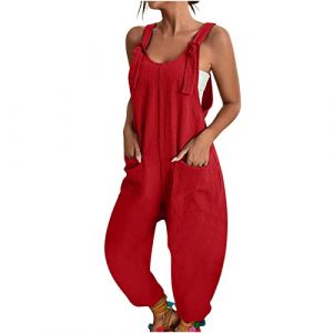 Combinaison Pantalon sans Manche Femme, Salopette Lin Ete Femme Combishort Jumpsuit À Bretelles Dos Nu Barboteuse Jambes Larges Romper Combi Femmes Playsuit De Plage avec Poche Bodycon (xqYSmk, neuf)