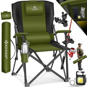 KESSER® Chaise de camping pliable jusqu'à 160 kg, Chaise de pêche pliante rembourrée avec accoudoirs, Lampe de camping et porte-gobelet + sac à dossier haut, Chaise de plage avec support de pêche (WMK Trading GmbH, neuf)