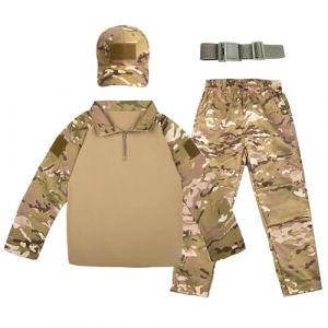 QIYUANT Enfant Ensembles T-Shirt & Pantalon Tactique Camo Airsoft Militaire Camouflage Printemps &Eacute;t&eacute; Automne Manche Longue Combat Chasse (CP/T-Shirt + Pantalon + Casquette + Ceinture, 150) (Qiyuant, neuf)