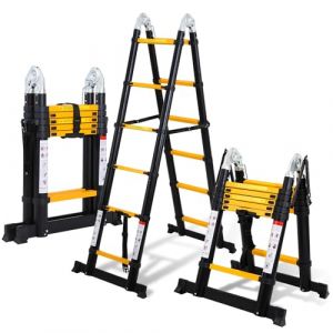 Ikodm Échelle télescopique pliante en aluminium de 3,8 m - Multifonction - Portable - Charge maximale : 150 kg - Antidérapante - Noir et jaune (GreenThumbs EU, neuf)