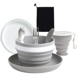 Kit de camping pliable 6 en 1 – Inclut couteau, cuillère, fourchette en acier inoxydable, tasse, bol, assiette et filet. Idéal pour voyage, randonnée, pique-nique et camping (yeyou-EU, neuf)