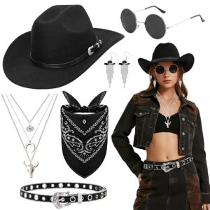 6 Pi&egrave;ces Set Costume de Cowboy Western pour Femme, Ensemble d'accessoires de Cowgirl avec Chapeau Ceinture &agrave; Paillettes Lunettes Collier Boucles d'Oreilles &agrave; Pompons Bandana pour Halloween Carnaval (Qi ShiPengDeshop, neuf)