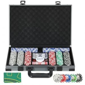 Mallette de poker SPORTNOW Set de poker, set complet de poker avec 400 jetons, 11,5 grammes, 2 jeux de cartes, 5 d&eacute;s, compartiments int&eacute;rieurs, disque de croupier, tapis de jeu, mallette en aluminium (AOSOM-DE, neuf)