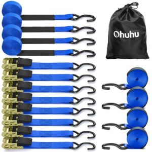 Sangle à cliquet 8 pièces, Ohuhu 680kg 4,6m Sangles de Serrage à cliquet Sangle d'arrimage avec tendeur à cliquet pour Le Transport Quotidien et Le Regroupement de Marchandises, Bleu (TSMART, neuf)