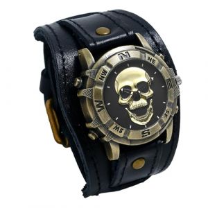 JewelryWe Montre Homme Cuir Crâne: Montre Homme Bracelet Cuir Large avec Cadran Tête de Mort Bronze Vintage Gothique Punk Biker Montre Poignet de Force Manchette Analogique Quartz - Cadeau Halloween (JewelryWe Bijoux, neuf)