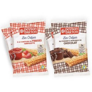 PAYSAN BRETON - Lot de 4 SACHETS de Cr&ecirc;pes Bretonnes : 2 SACHETS Cr&ecirc;pes Fourr&eacute;es Chocolat + 2 SACHETS Cr&ecirc;pes Fourr&eacute;es Fraise - 24 Cr&ecirc;pes individuelles dans un emballage en papier recyclable. (Les cr&ecirc;pes Paysan Breton, neuf)