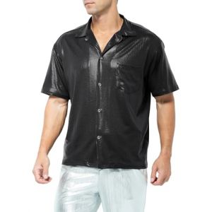 Casey Kevin Chemise Paillette Homme Tenue Disco Habillées Costume Col Pelle a Tarte T-Shirt Annee 80 Brillante Tenue de Soiree Vetement Clubwear Nuit de Fête (Casey-Kevin, neuf)