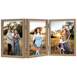 Triple cadre photo 12,7 x 17,8 cm - Pliable - En bois - Avec support vertical en verre - Sur bureau (SSUEI, neuf)
